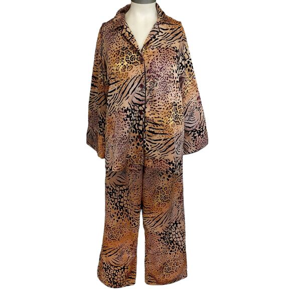 NATORI 2 pc leopard animal print silky lounge pajama pjs set crop pants top Sz S - Picture 1 of 10